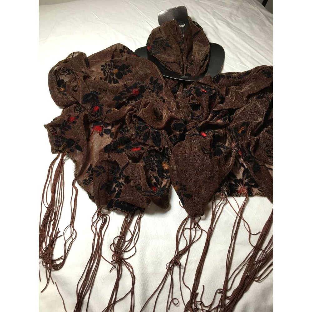 Chocolate Brown  w/Red Accents Brand New Designer Women's Scarf with Tassels